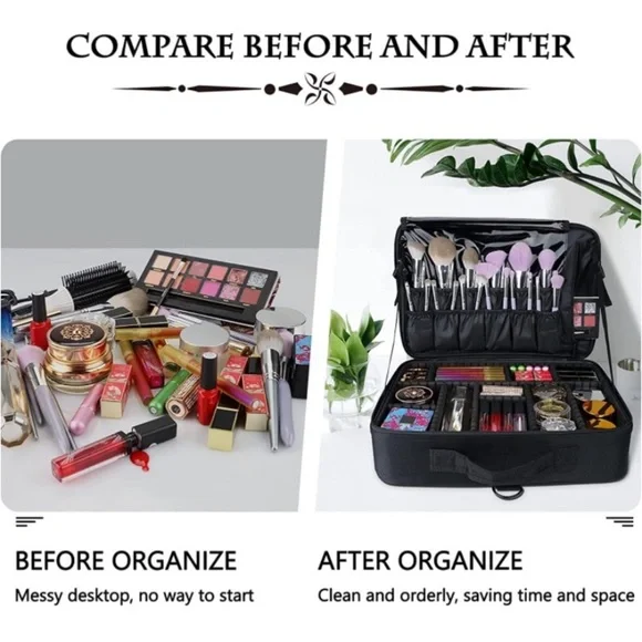 Large Makeup Case PU Leather Makeup Bag 3 Layers Adjustable Strap